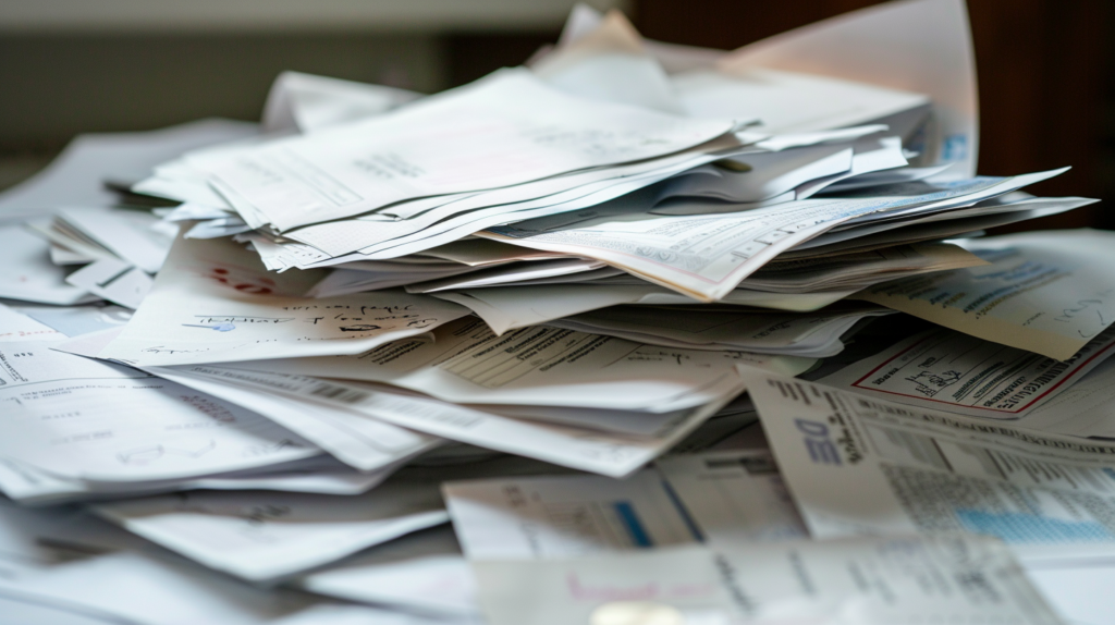 Pile of bills and documents required to close a company in Colombia, illustrating the extensive documentation involved in business dissolution.