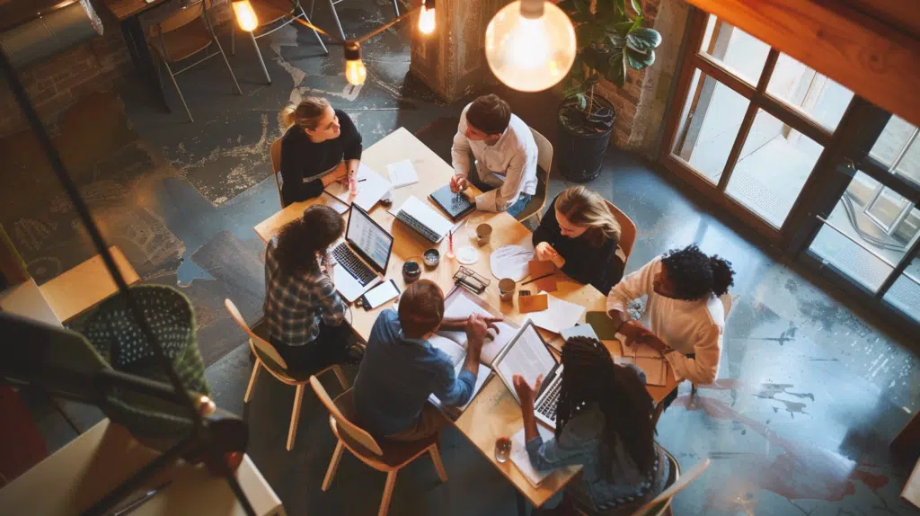 Team meeting in a modern office space, discussing how to close a company in Colombia.